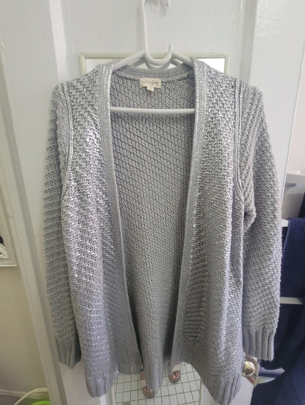 Maison Jules Metallic Flecked Knit Open Front Cardigan Sweater Gray L